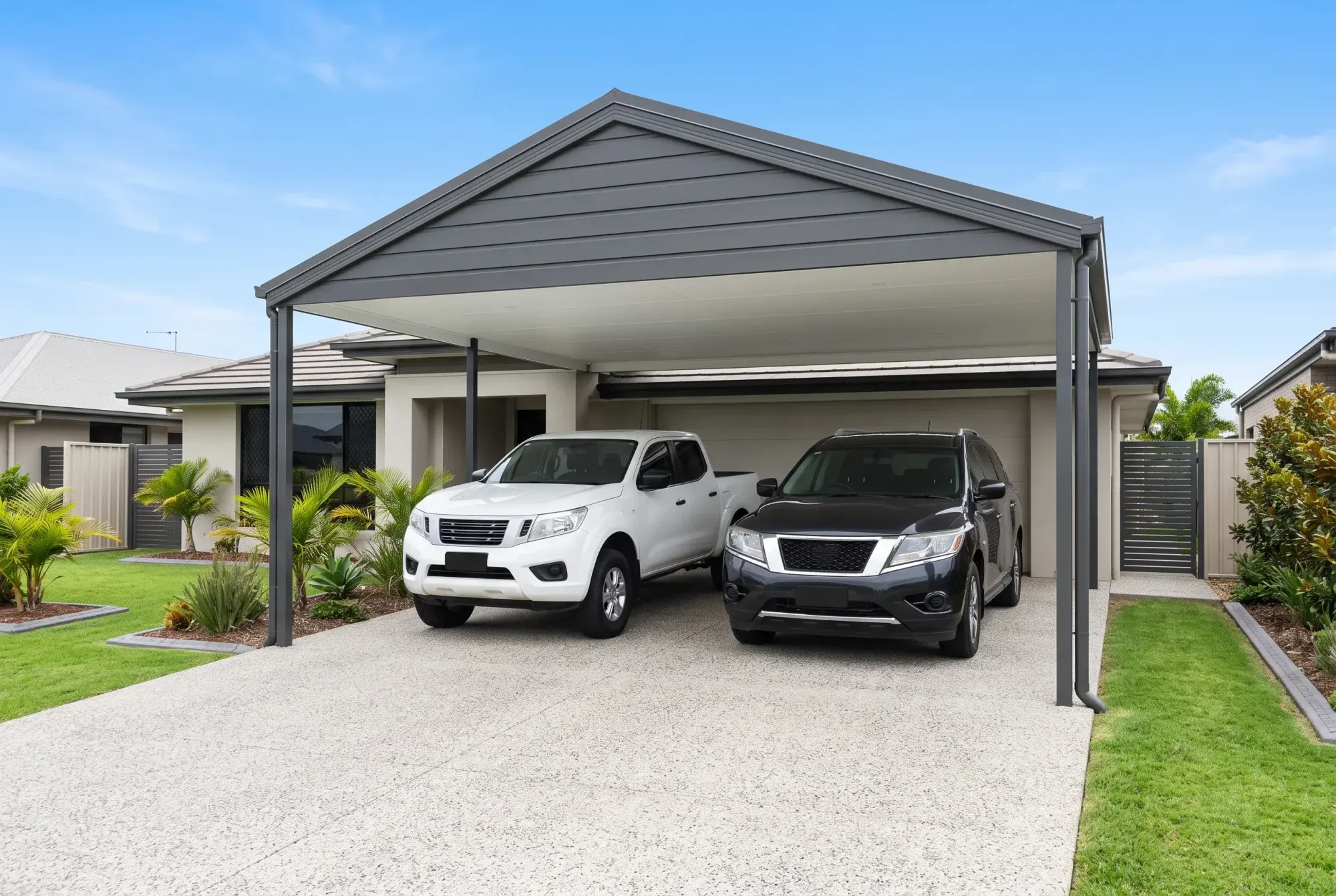 Double gable carport in grey over a ute and an SUV on a concrete driveway