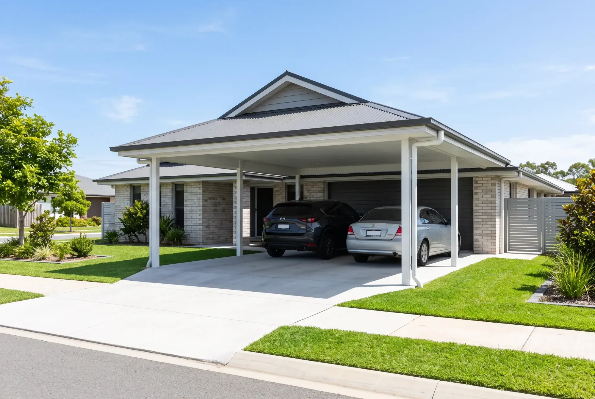 Dutch gable carport matched to the roof of a hip-roofed home