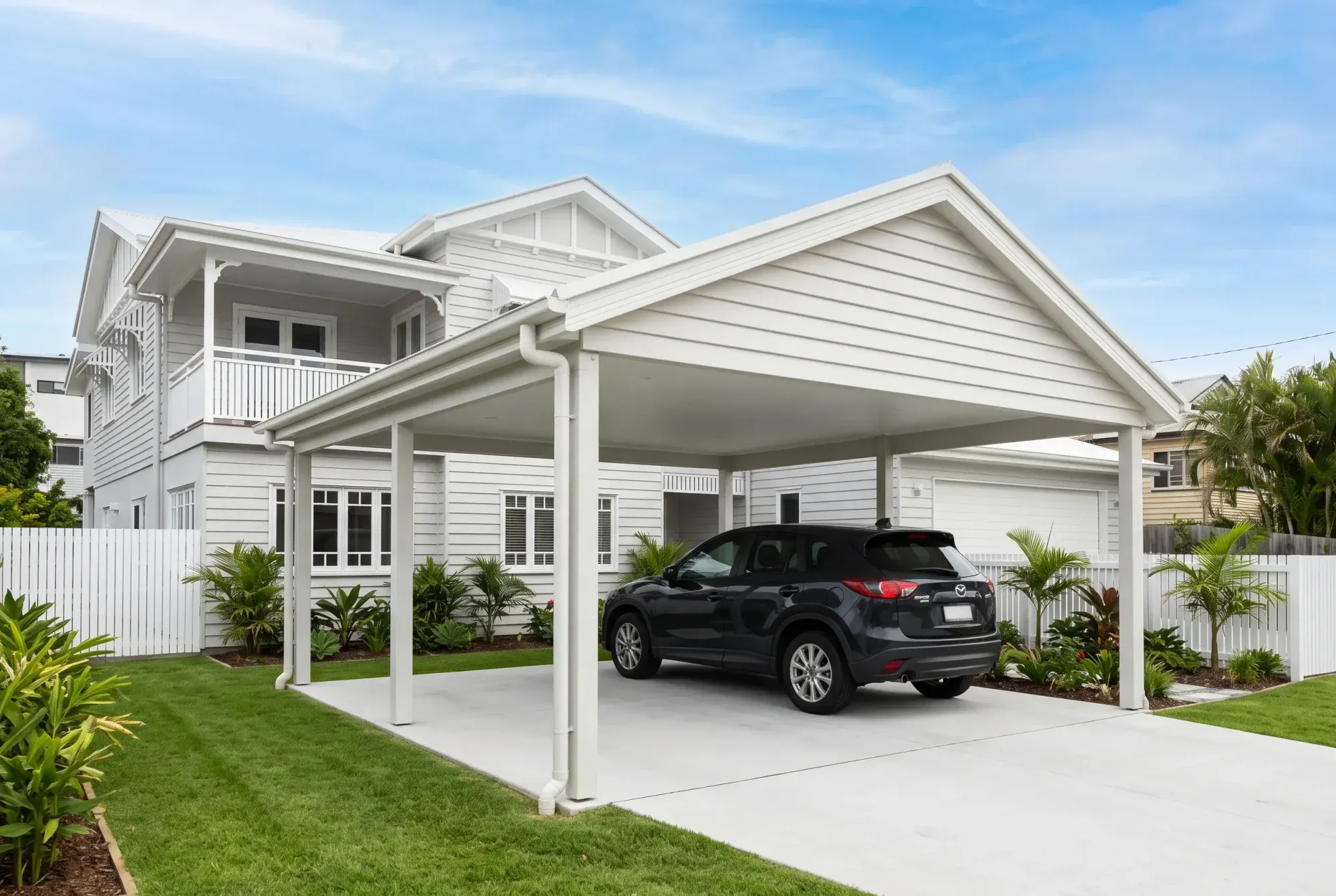 Single gable carport over one car beside a weatherboard home