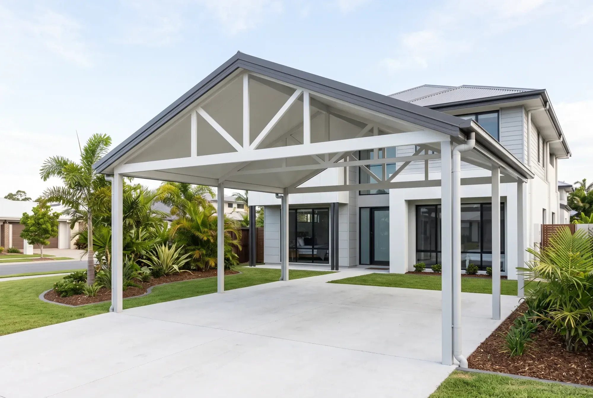 Gable carport with an open steel truss in the gable end