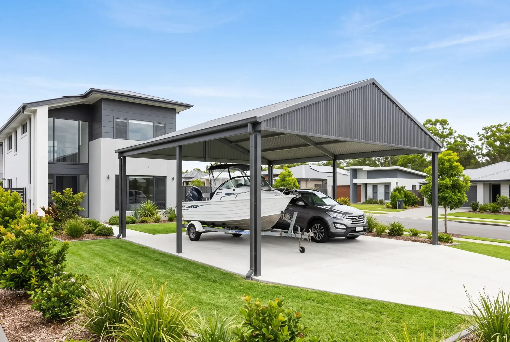 Long gable carport over a boat on a trailer