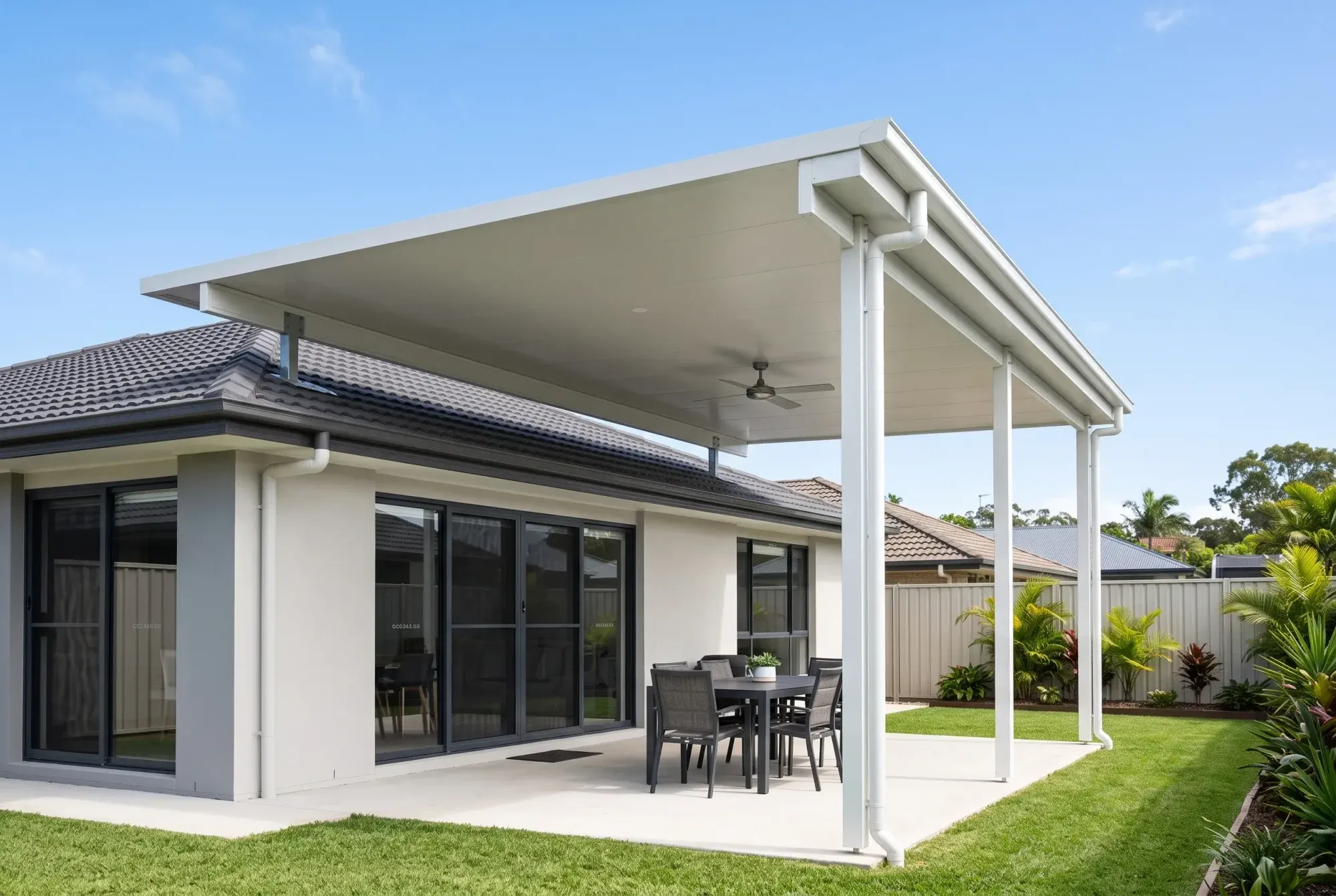 Flyover patio roof raised above the roofline of a pitched-roof home