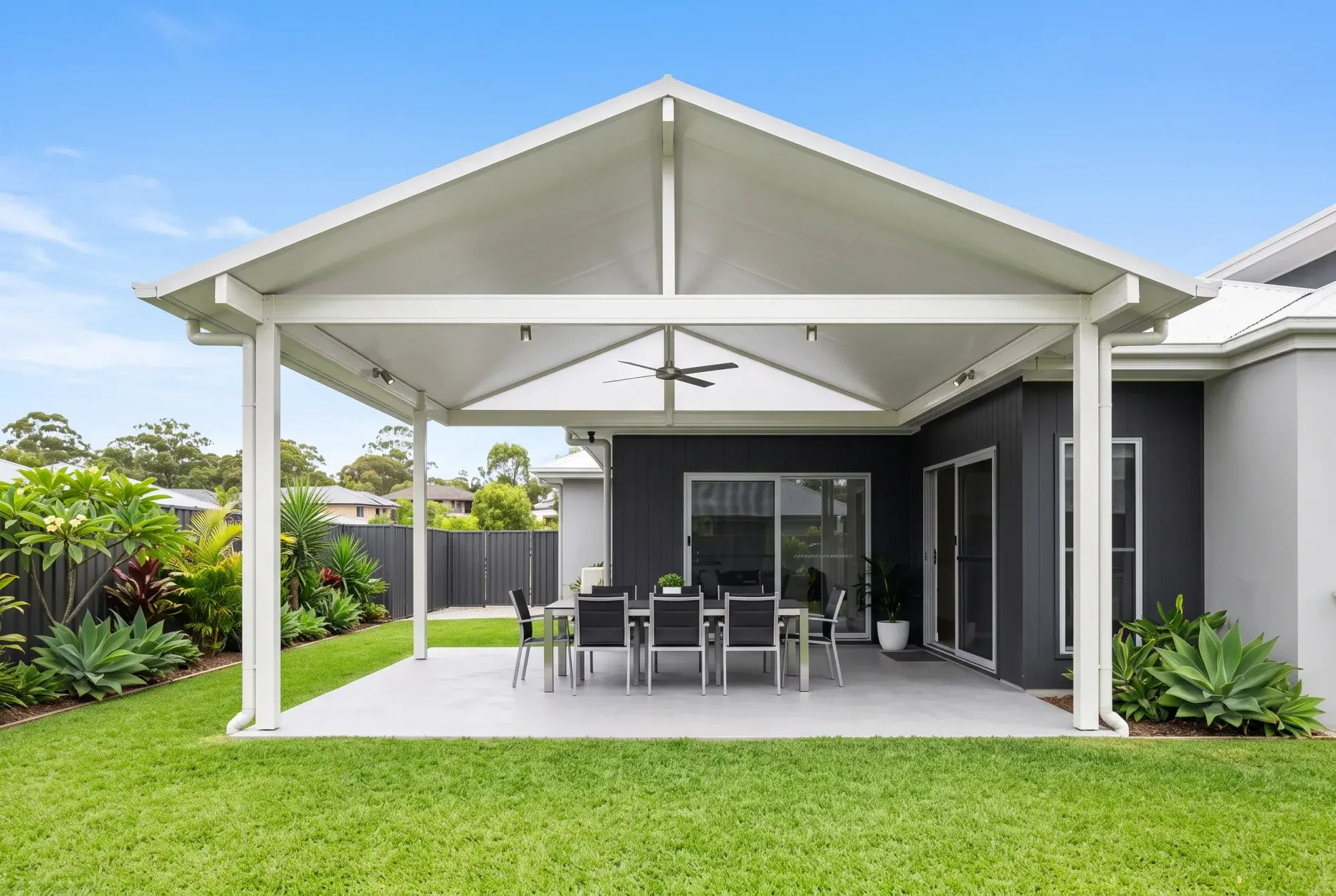 Insulated gable patio with a white raked ceiling