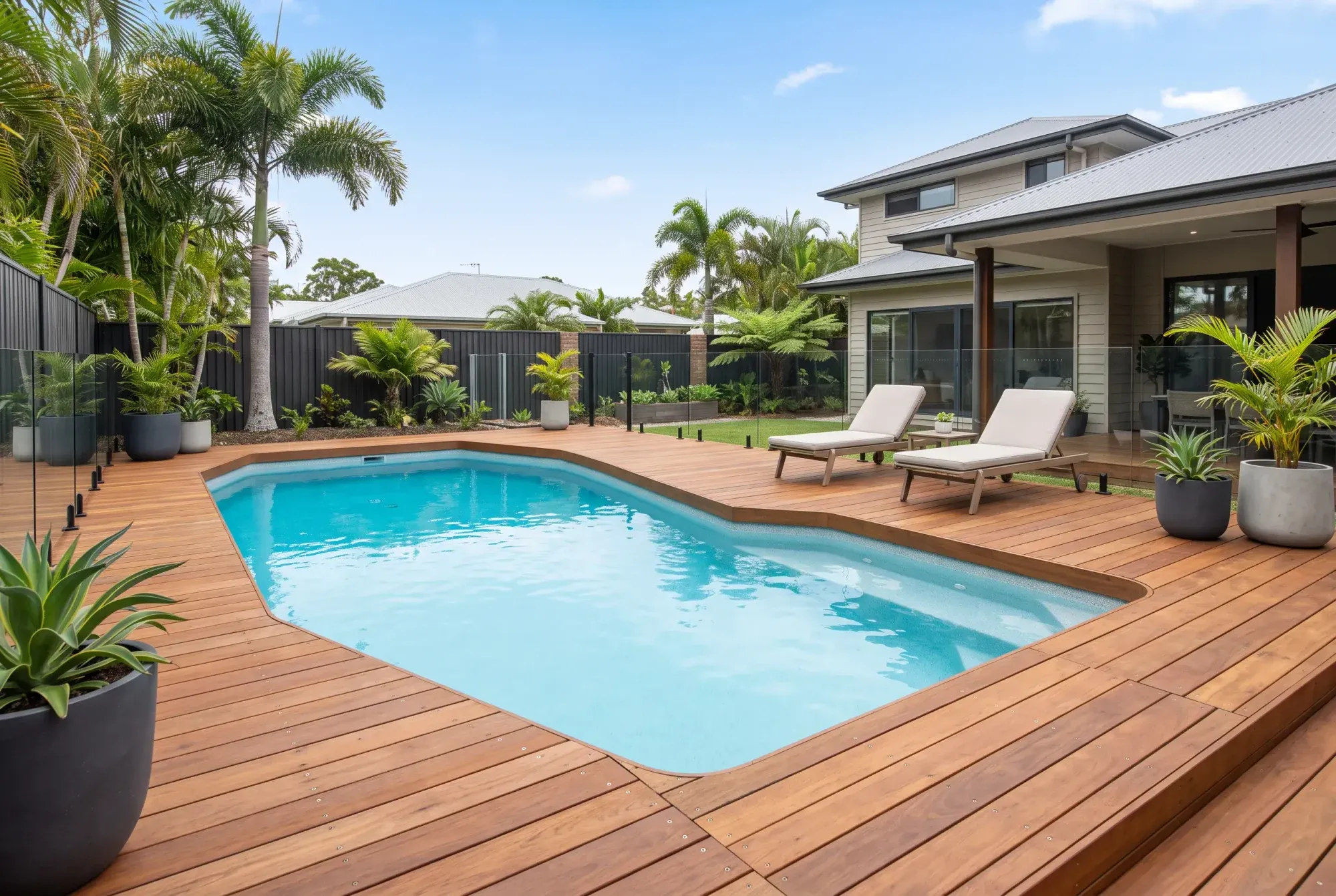 Hardwood deck around a pool with glass fencing