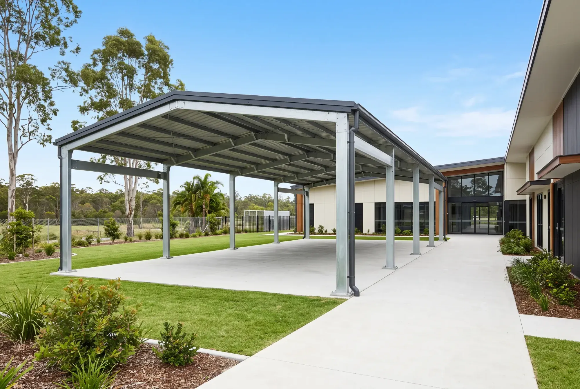 Steel covered walkway and outdoor area at a commercial building