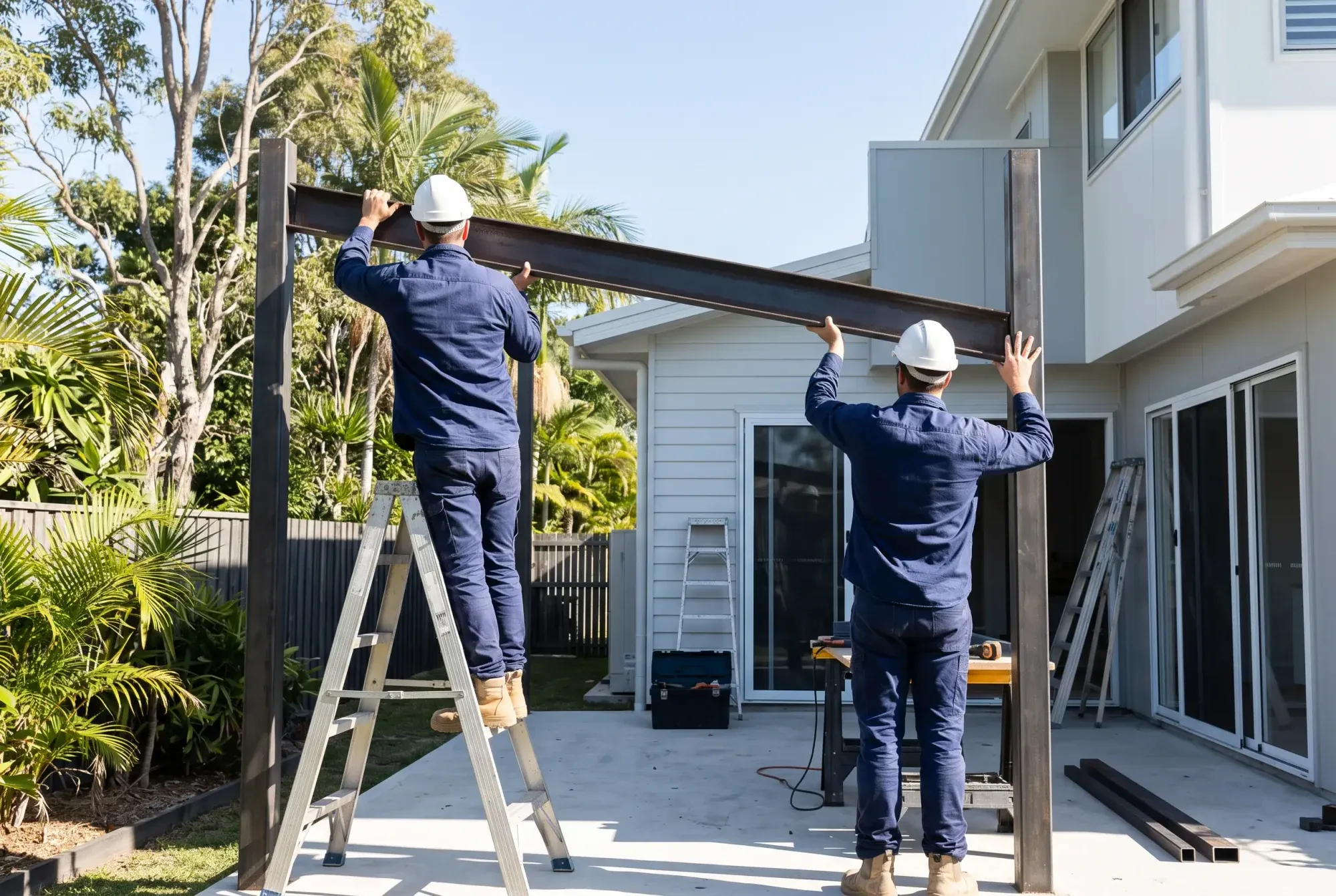 Two builders seen from behind lifting a steel beam onto patio posts
