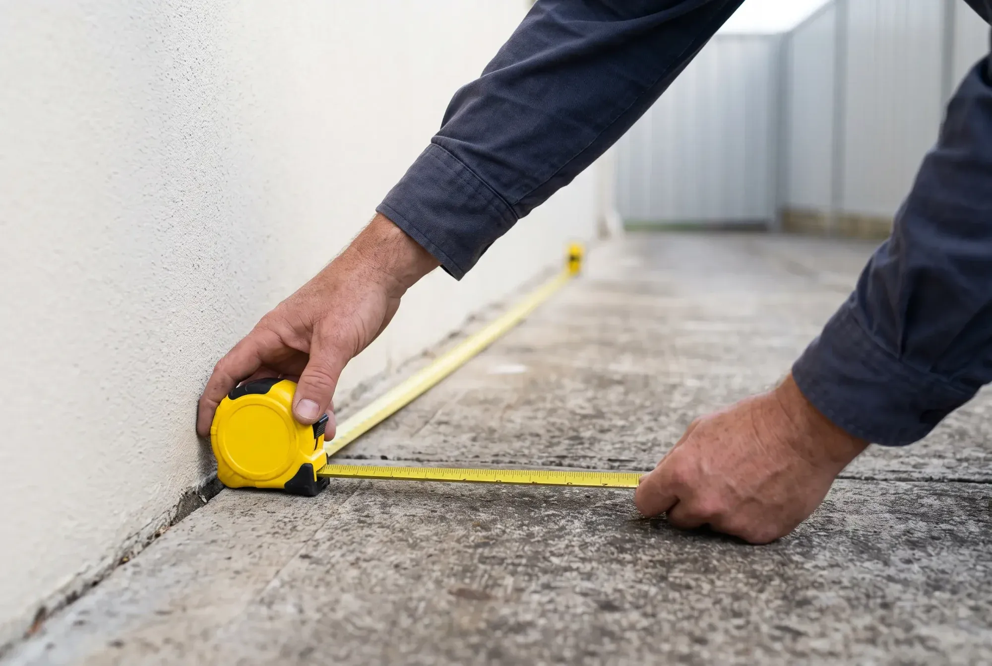 Hands holding a tape measure against a fence line beside a driveway