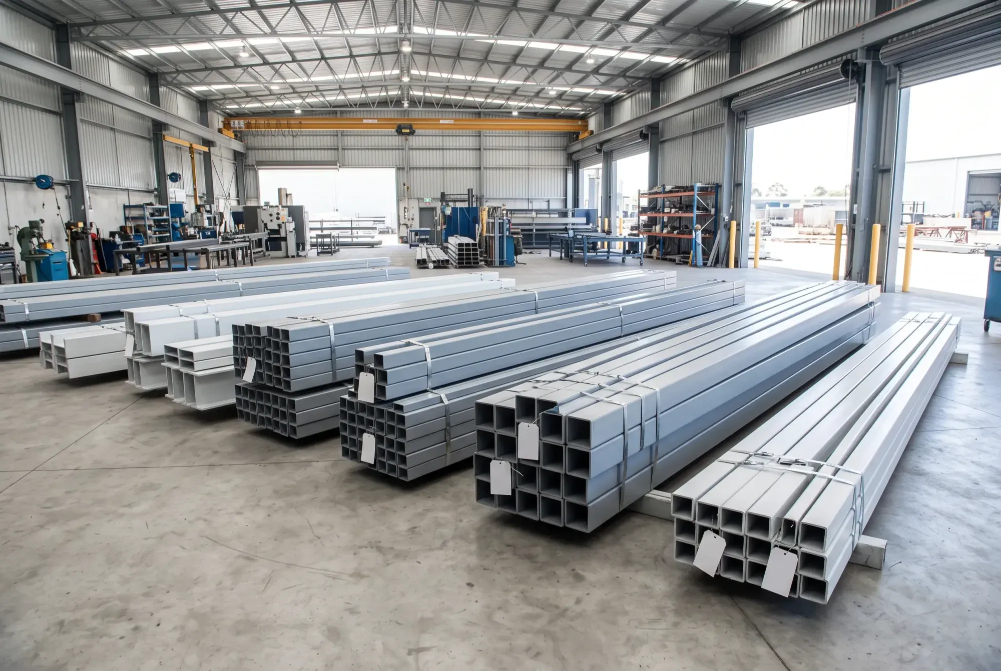 Powder-coated steel beams and posts stacked in a workshop ready for a job