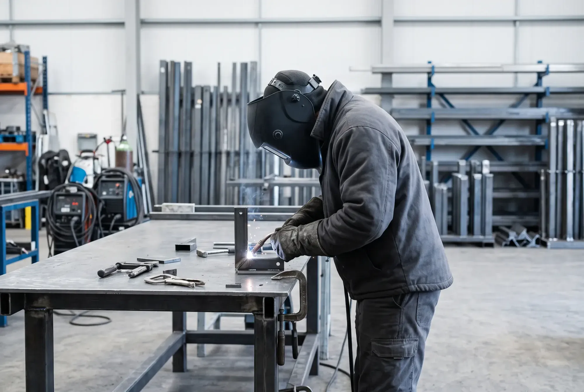 A fabricator seen from the side welding a steel bracket in a workshop