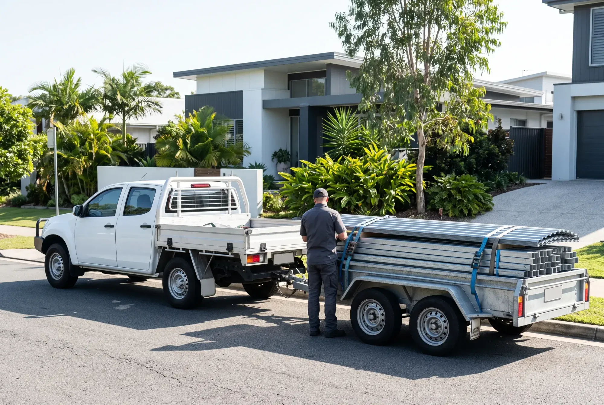Unmarked white work ute and trailer loaded with steel parked outside a home