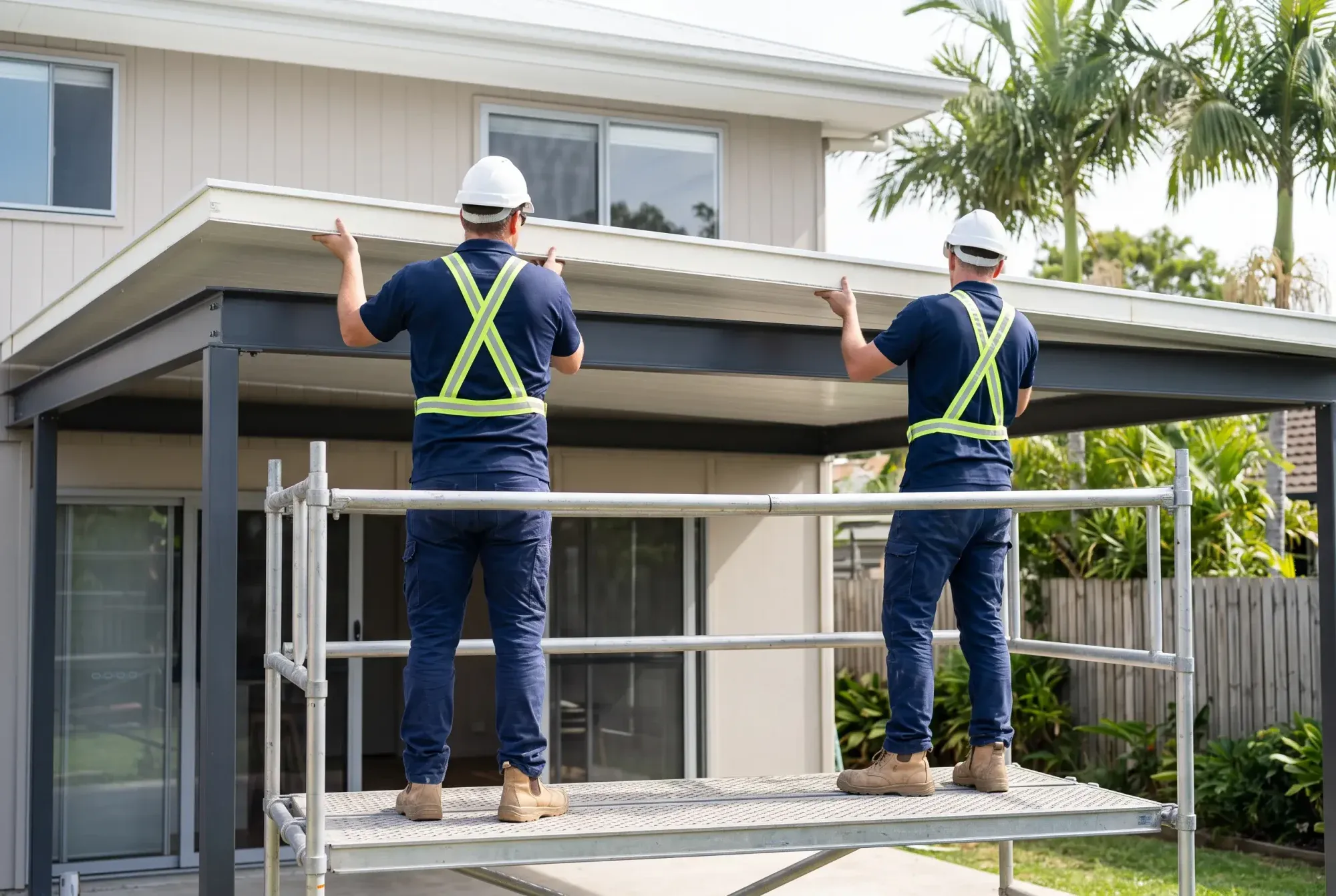 Builders seen from behind laying an insulated roof panel onto a patio frame