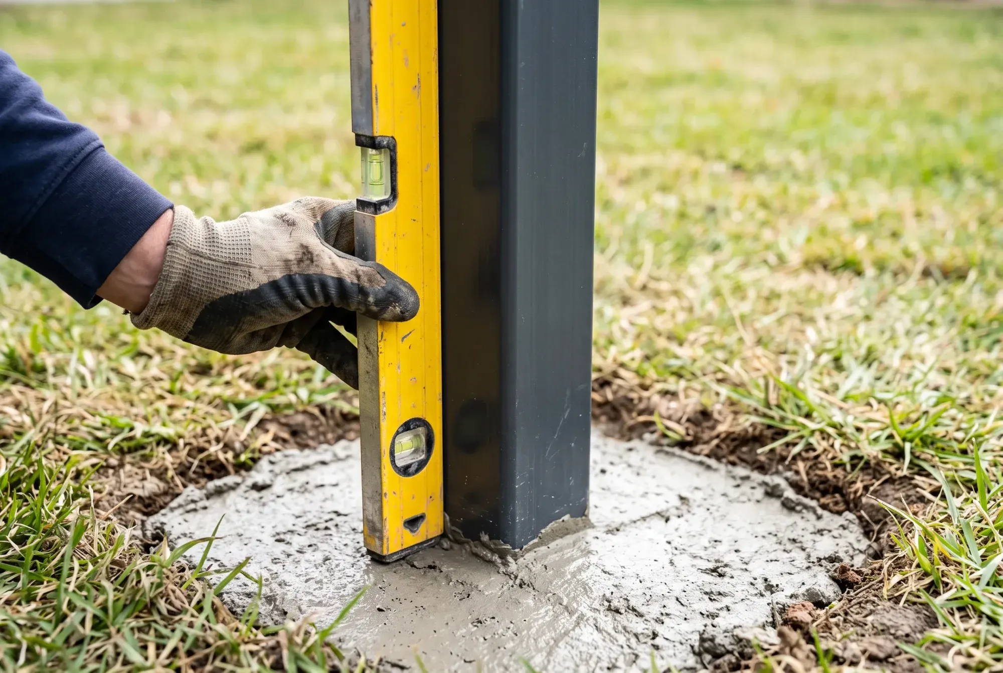 A new steel post set in a fresh concrete footing with a spirit level against it