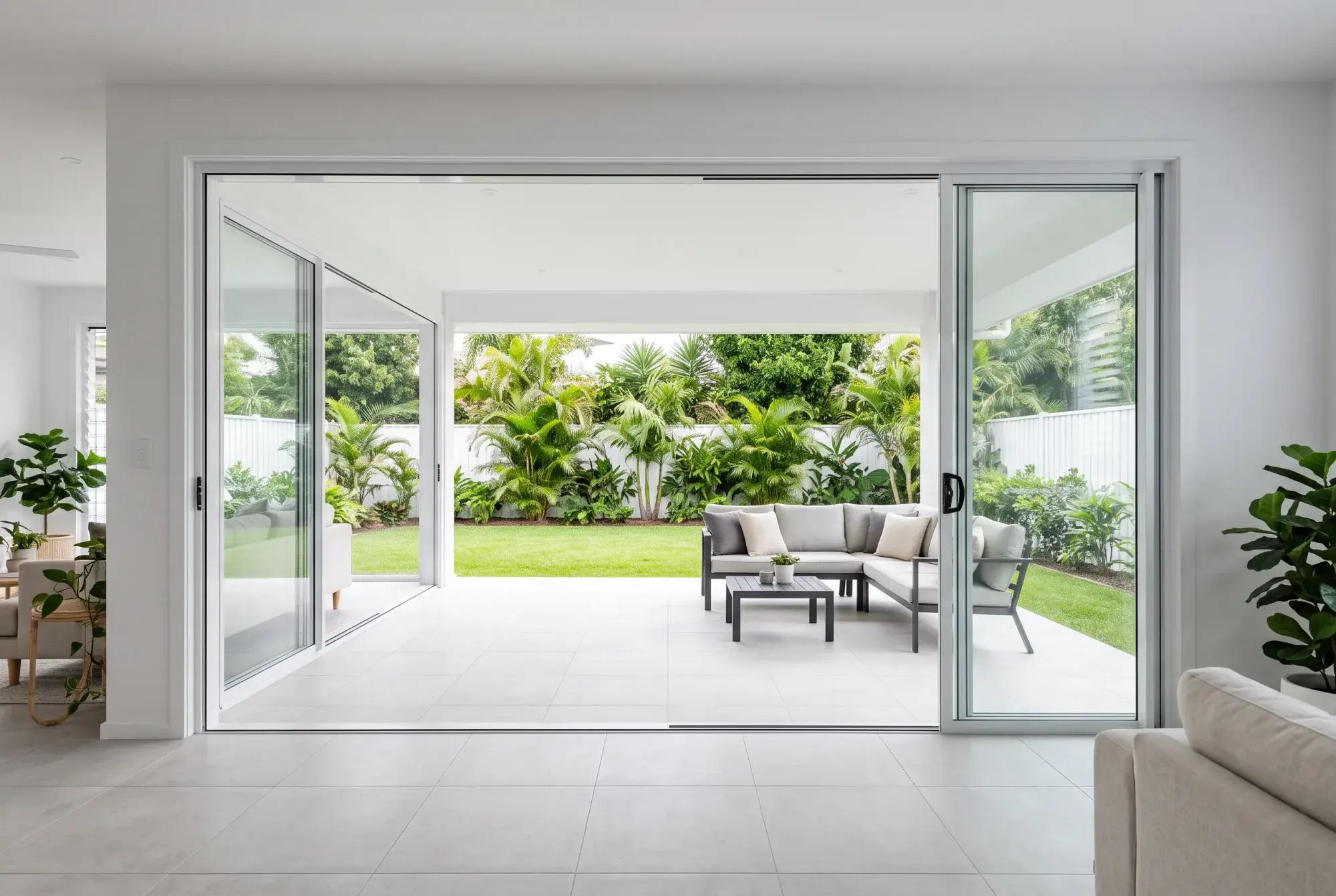 View from a living room through open sliding doors to a new patio and garden