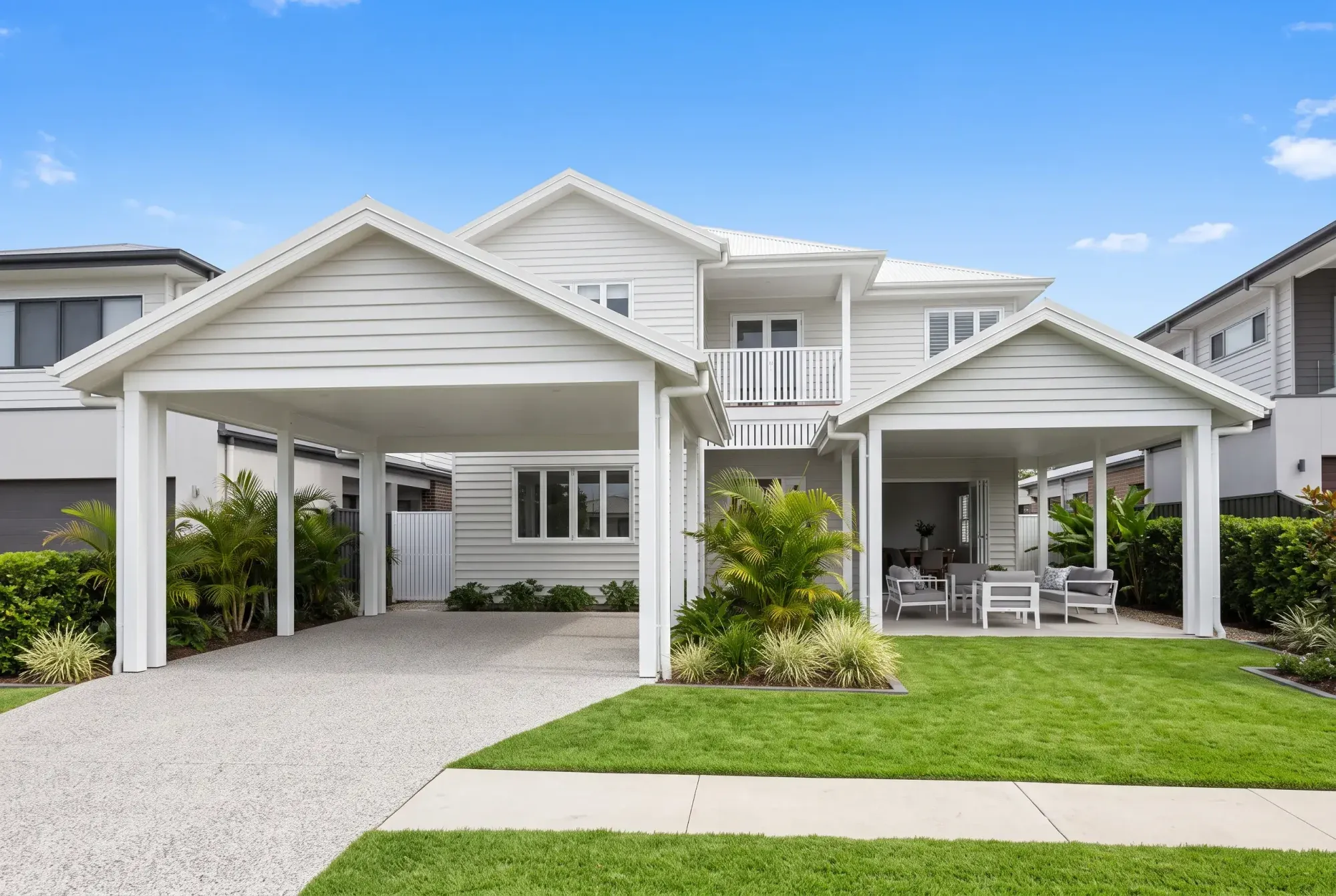 Twin gable roofs over a patio and a carport